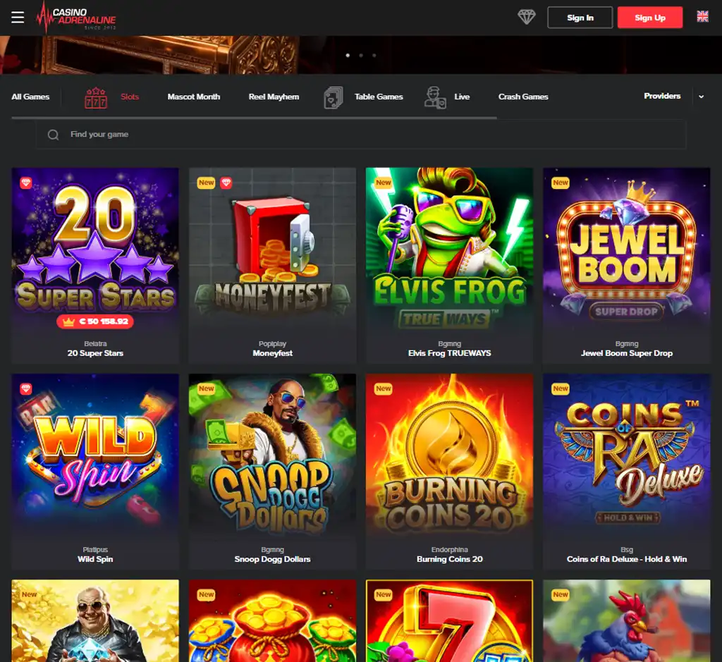 Casino Adrenaline desktop slots lobby screenshot presenting variety of slot games with categories and providers - verified