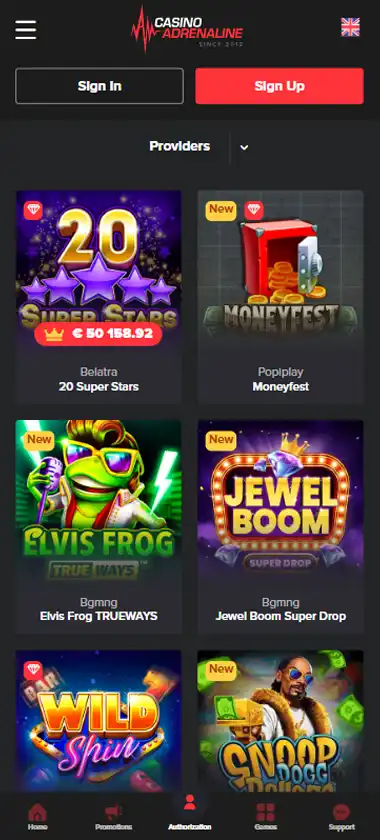 Casino Adrenaline mobile slots interface screenshot showing slot game selection with popular titles and filtering options - captured during platform testing
