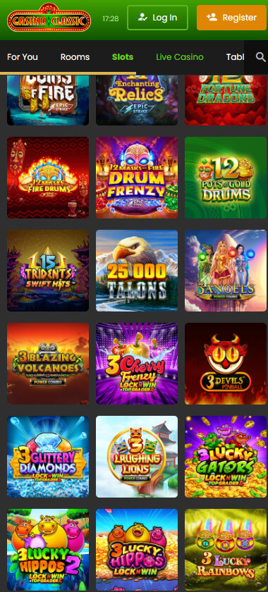 Casino Classic mobile slots interface screenshot showing slot game selection with popular titles and filtering options - captured during platform testing