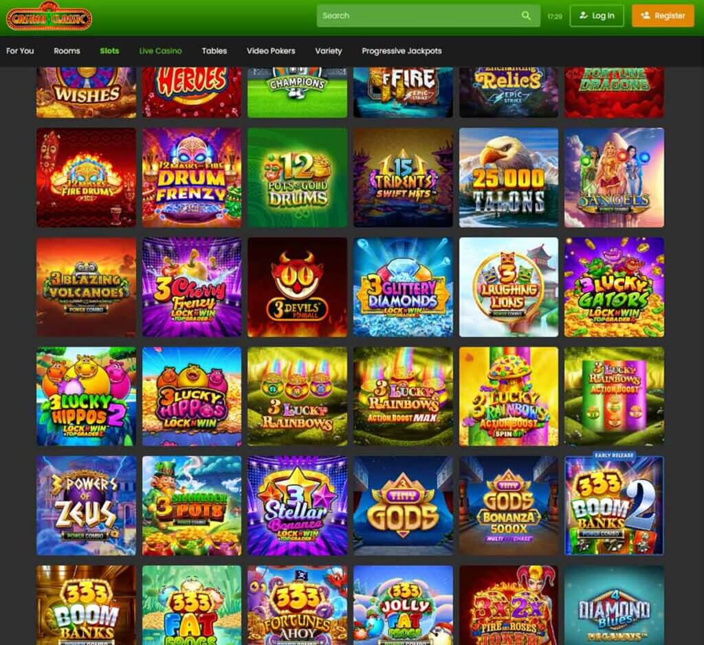Casino Classic desktop slots lobby screenshot presenting variety of slot games with categories and providers - tested