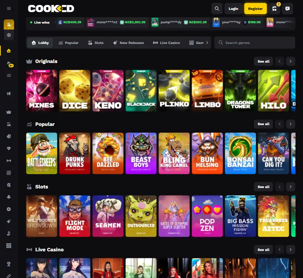 Cooked Casino desktop homepage screenshot displaying main casino lobby with featured games, promotions and navigation menu - tested Cooked Casino desktop homepage screenshot displaying main casino lobby with featured games, promotions and navigation menu - tested