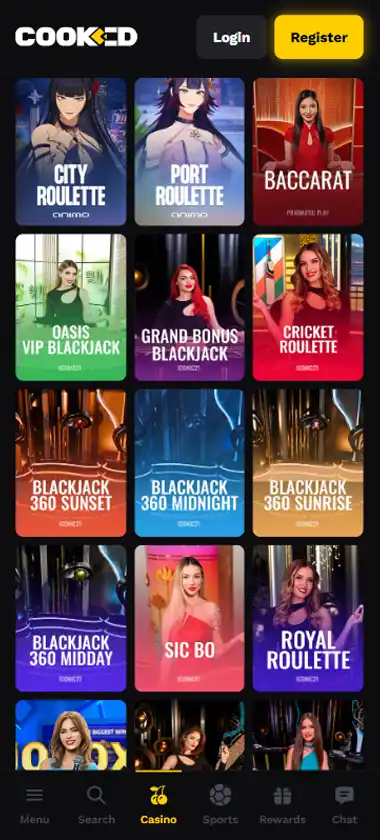 Cooked Casino mobile live casino interface showing live dealer tables including blackjack and roulette - captured during platform testing Cooked Casino mobile live casino interface showing live dealer tables including blackjack and roulette - captured during platform testing