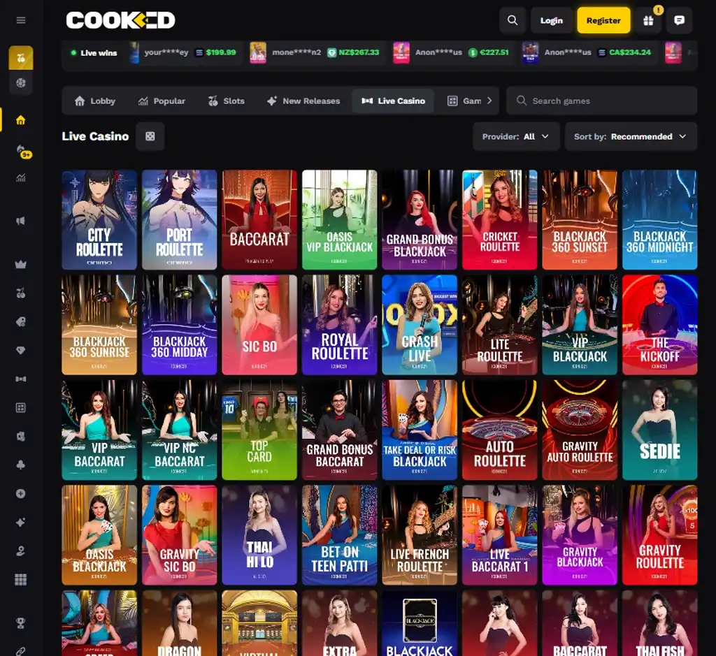 Cooked Casino desktop live casino lobby featuring live dealer games and real-time streaming interface - tested Cooked Casino desktop live casino lobby featuring live dealer games and real-time streaming interface - tested