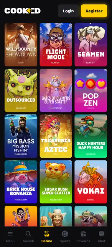 Cooked Casino mobile slots interface showing slot game selection with popular titles and filtering options - captured during platform testing Cooked Casino mobile slots interface showing slot game selection with popular titles and filtering options - captured during platform testing