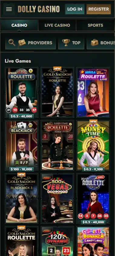 Dolly Casino mobile live casino interface screenshot showing live dealer tables including blackjack and roulette - tested