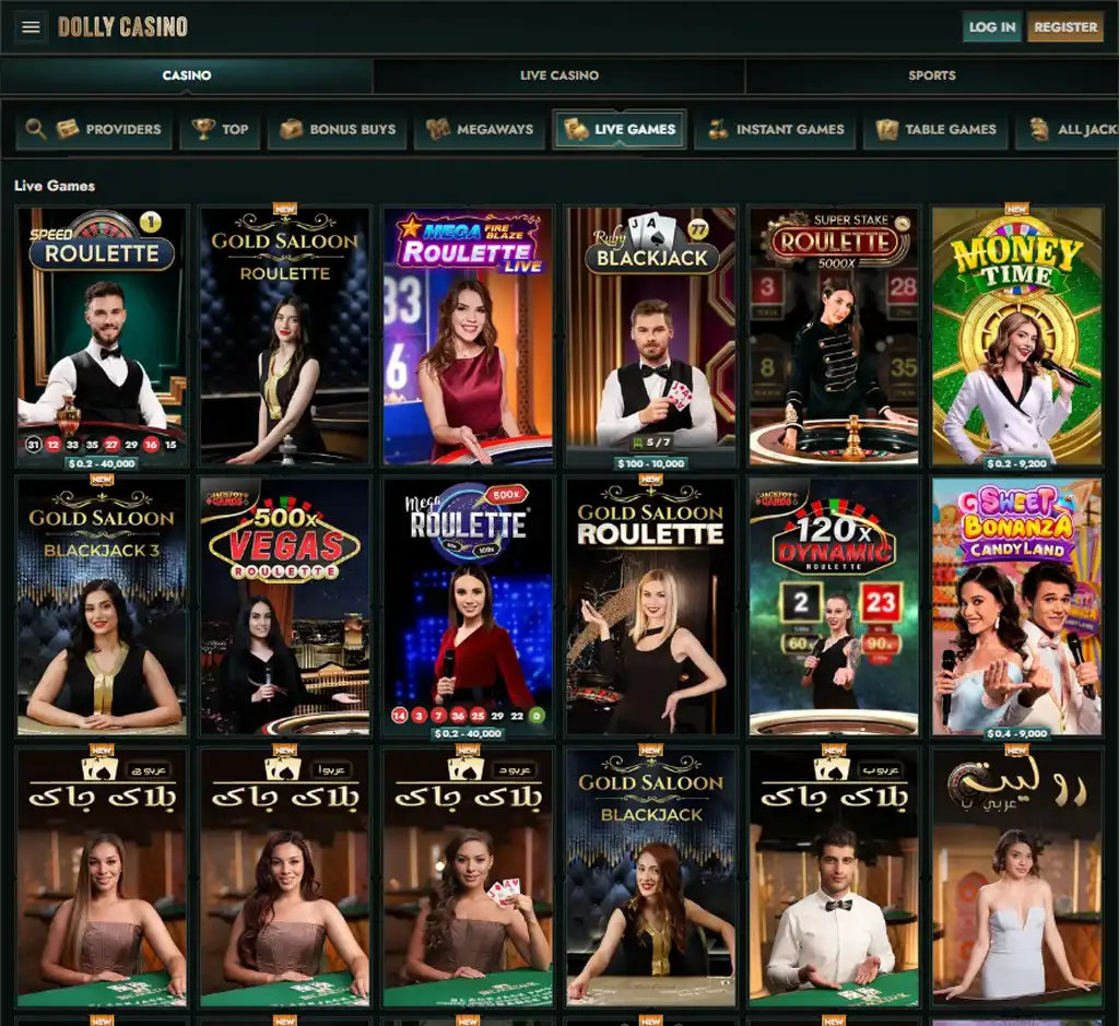 Dolly Casino desktop live casino lobby screenshot featuring live dealer games and real-time streaming interface - review testing