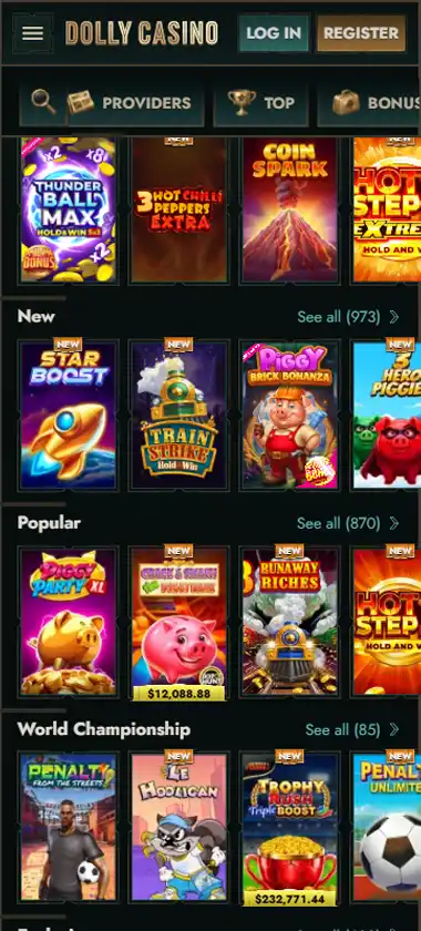 Dolly Casino mobile slots interface screenshot showing slot game selection with popular titles and filtering options - captured during platform testing