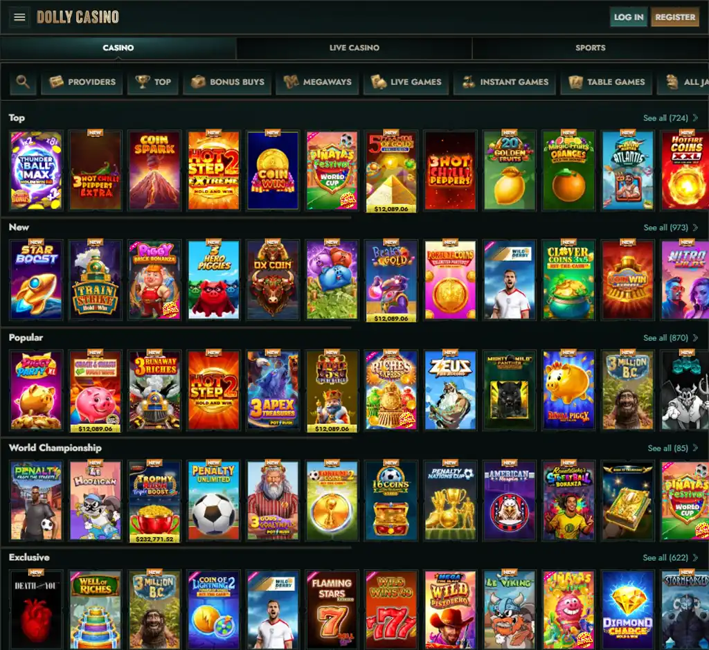 Dolly Casino desktop slots lobby screenshot presenting variety of slot games with categories and providers - verified