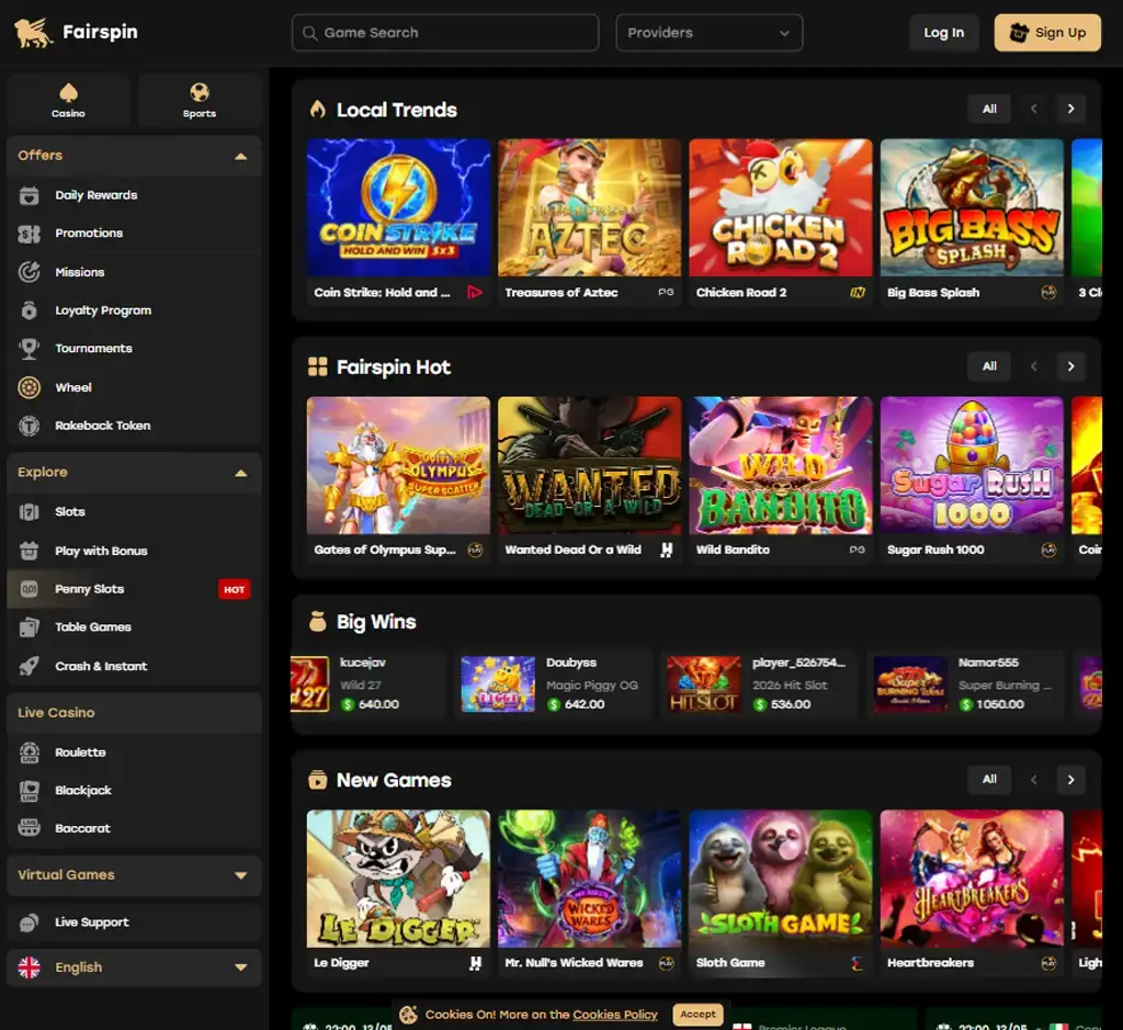 Fairspin Casino desktop homepage screenshot displaying main crypto casino lobby with featured games, promotions and navigation menu - tested