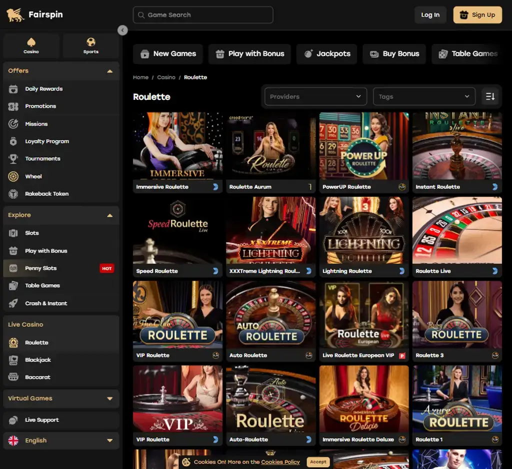 Fairspin Casino desktop live casino lobby screenshot featuring live dealer games and real-time streaming interface - tested