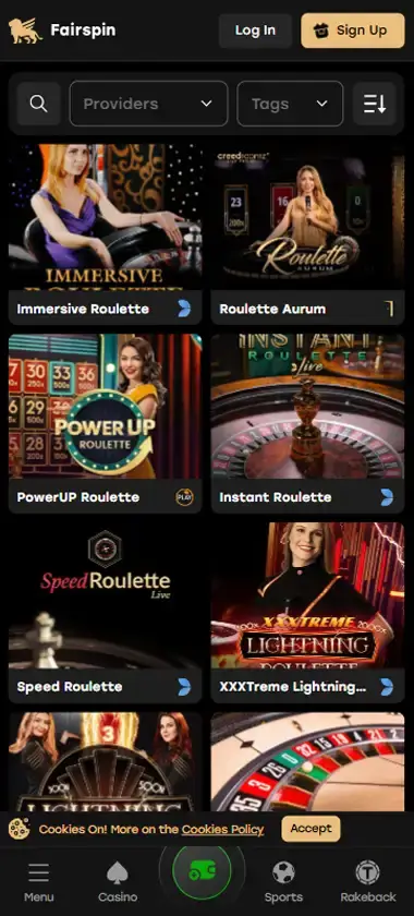 Fairspin Casino mobile live casino interface screenshot showing live dealer tables including blackjack and roulette - tested