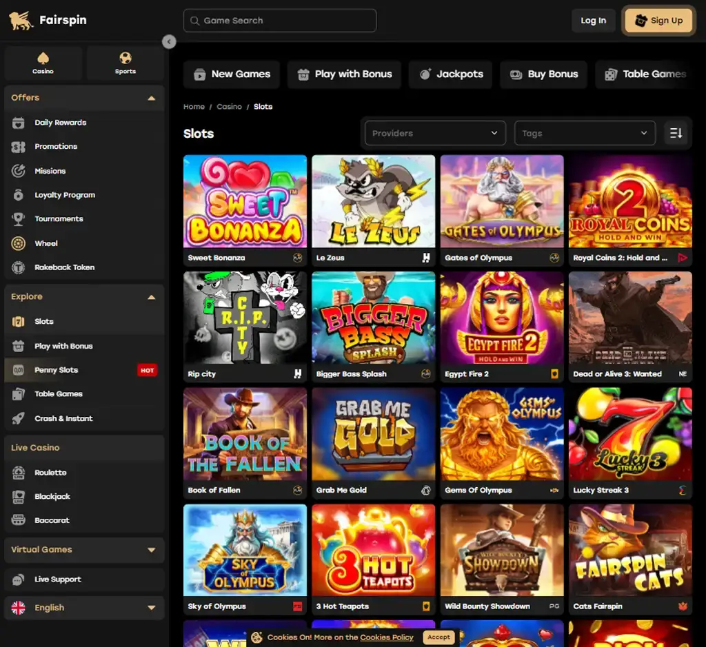 Fairspin Casino desktop slots lobby screenshot presenting variety of slot games with categories and providers - tested