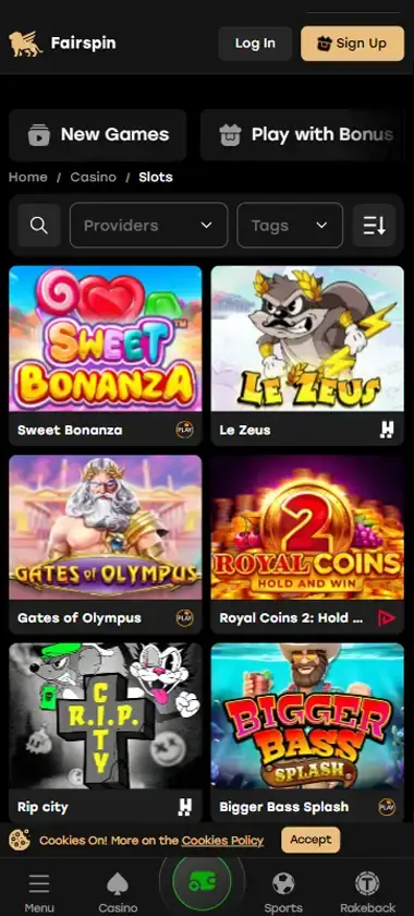 Fairspin Casino mobile slots interface screenshot showing slot game selection with popular titles and filtering options - tested