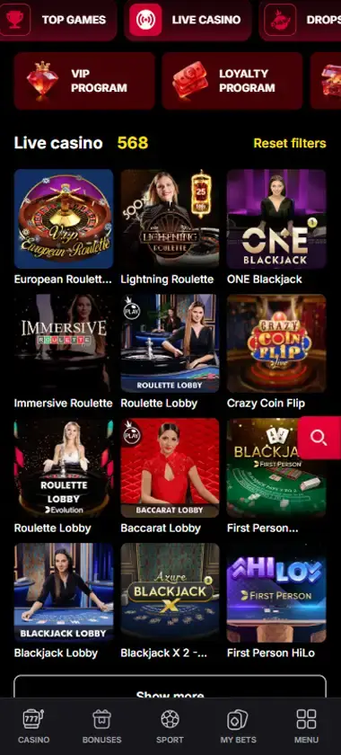 Fiery Play Casino mobile live casino interface screenshot showing live dealer tables including blackjack and roulette - Tested