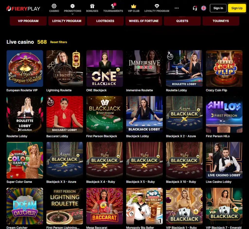 Fiery Play Casino desktop live casino lobby screenshot featuring live dealer games and real-time streaming interface - Tested