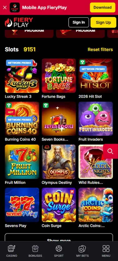 Fiery Play Casino mobile slots interface screenshot showing slot game selection with popular titles and filtering options - Tested