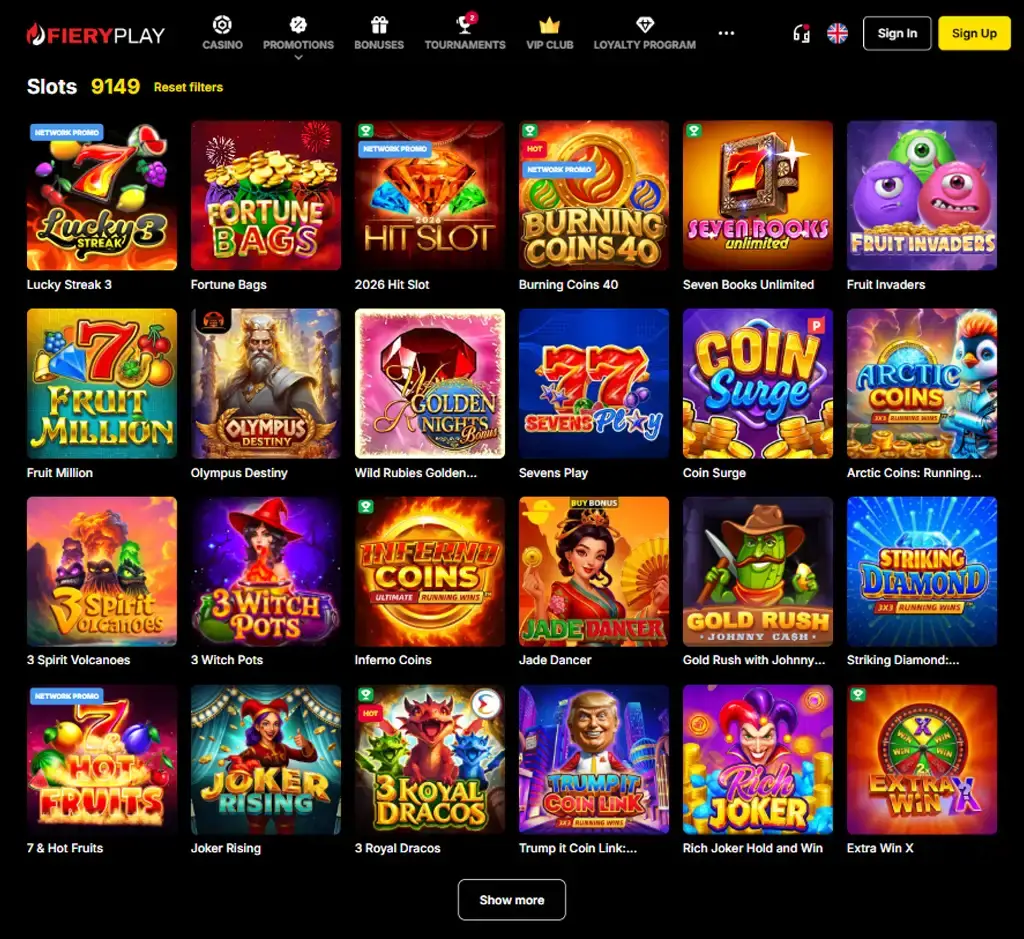 Fiery Play Casino desktop slots lobby screenshot presenting variety of slot games with categories and providers - Tested