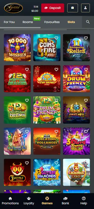 Grand Hotel Casino mobile slots interface screenshot showing slot game selection with popular titles and filtering options - captured during platform testing Grand Hotel Casino mobile slots interface screenshot showing slot game selection with popular titles and filtering options - captured during platform testing