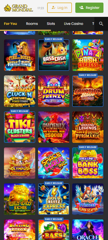 Grand Mondial Casino mobile homepage screenshot showing main casino lobby with featured games and promotions - captured during platform testing Grand Mondial Casino mobile homepage screenshot showing main casino lobby with featured games and promotions - captured during platform testing
