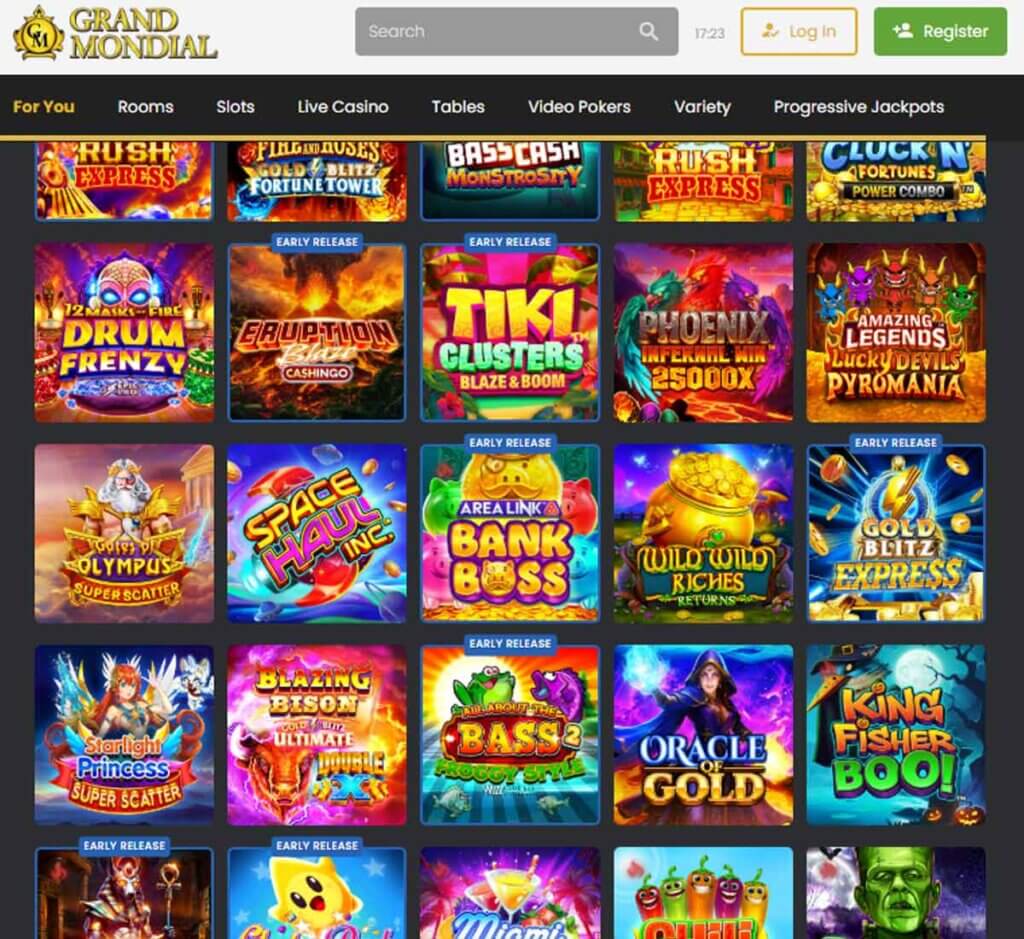 Grand Mondial Casino desktop homepage screenshot displaying main casino lobby with featured games, promotions and navigation menu - tested
