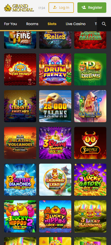 Grand Mondial Casino mobile slots interface screenshot showing slot game selection with popular titles and filtering options - captured during platform testing Grand Mondial Casino mobile slots interface screenshot showing slot game selection with popular titles and filtering options - captured during platform testing