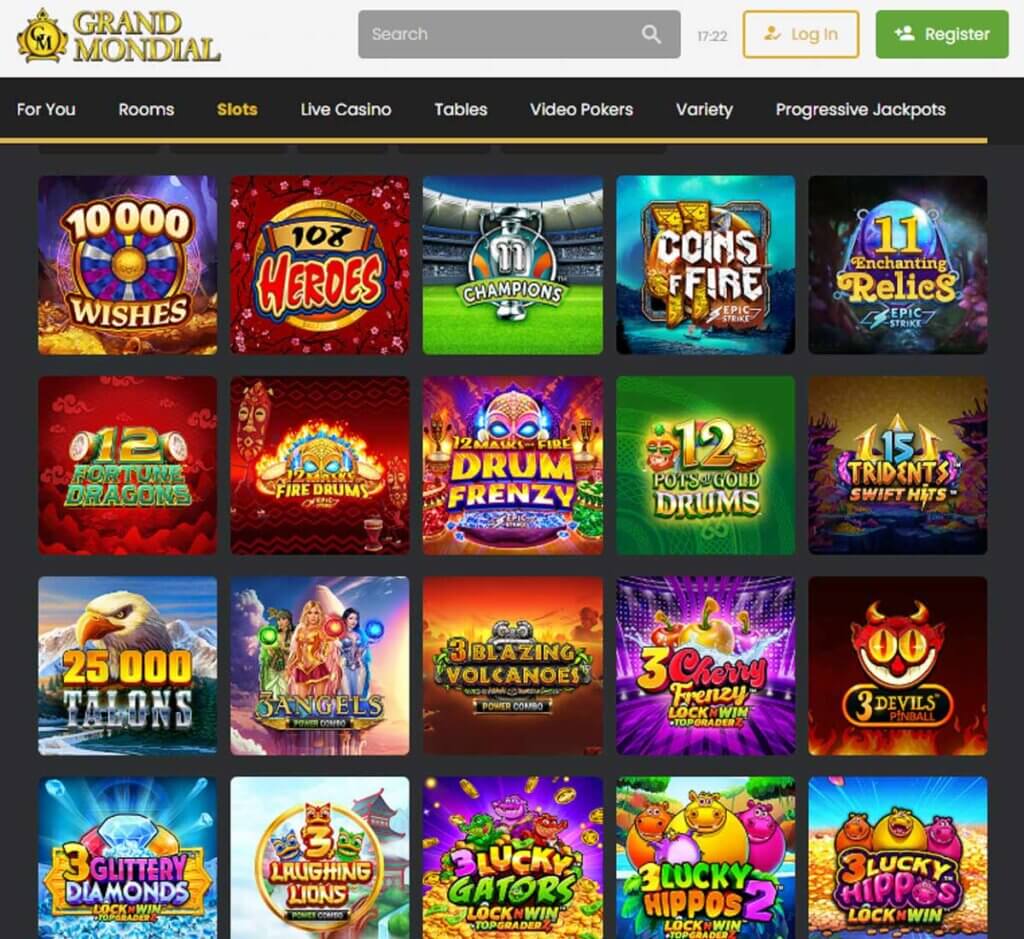 Grand Mondial Casino desktop slots lobby screenshot presenting variety of slot games with categories and providers - verified