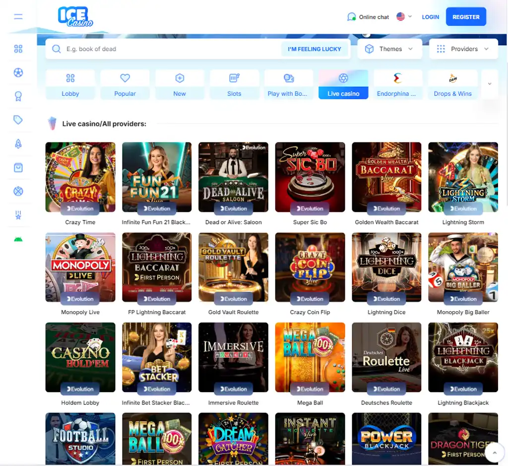 Ice Casino desktop live casino lobby screenshot featuring live dealer games and real-time streaming interface - tested