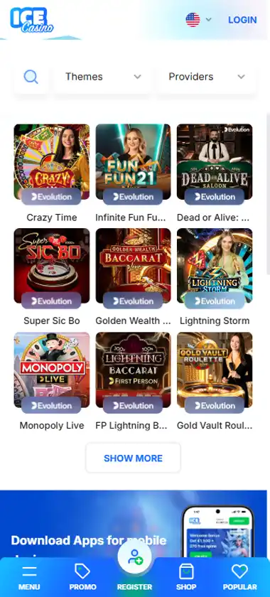 Ice Casino mobile live casino interface screenshot showing live dealer tables including blackjack and roulette - tested