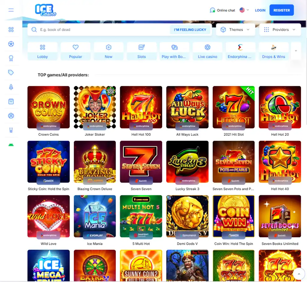 Ice Casino desktop slots lobby screenshot presenting variety of slot games with categories and providers - tested