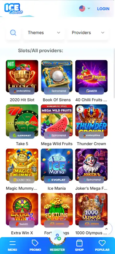Ice Casino mobile slots interface screenshot showing slot game selection with popular titles and filtering options - tested