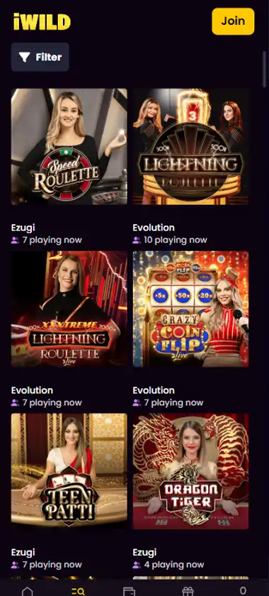 iWild Casino mobile live casino interface screenshot showing live dealer tables including blackjack and roulette - tested iWild Casino mobile live casino interface screenshot showing live dealer tables including blackjack and roulette - tested