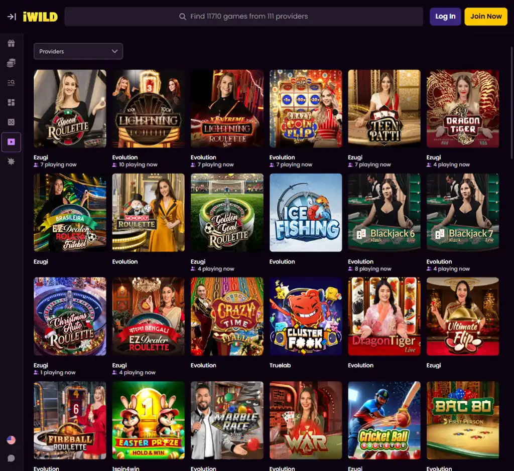 iWild Casino desktop live casino lobby screenshot featuring live dealer games and real-time streaming interface - tested