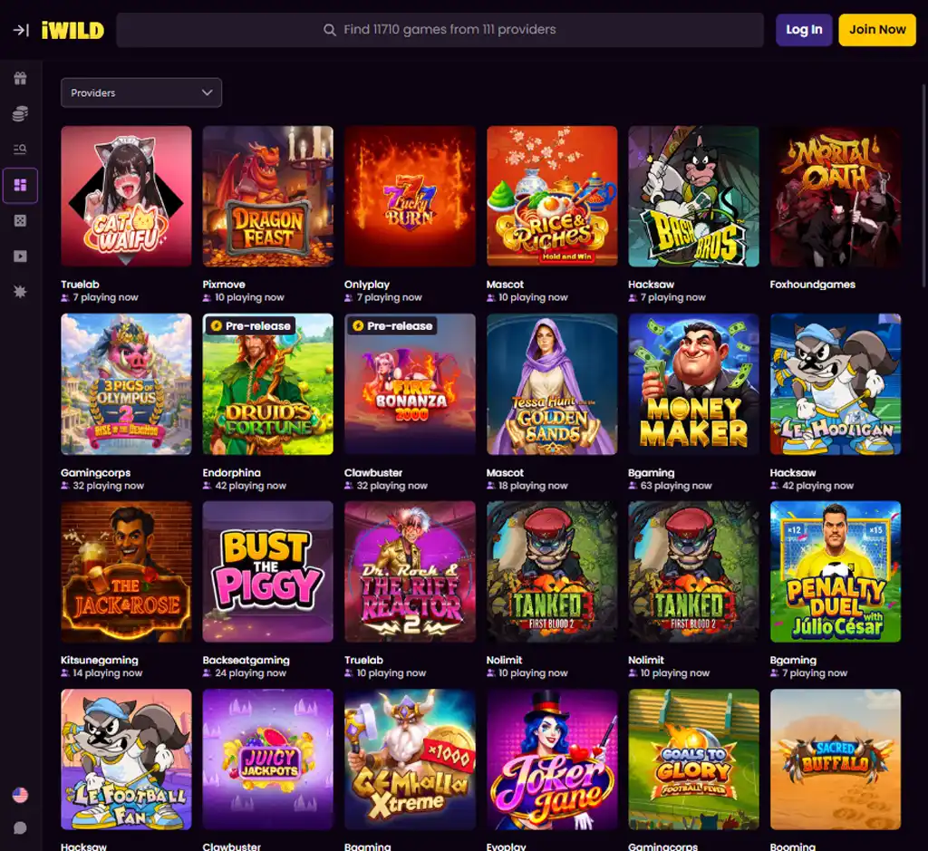 iWild Casino desktop slots lobby screenshot presenting variety of slot games with categories and providers - tested