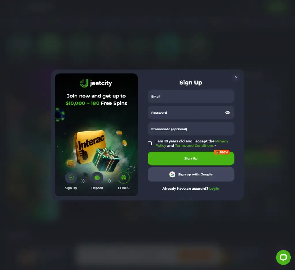 Jeet City Casino signup bonus page displaying new player welcome bonus offer and promotional terms - captured during platform testing