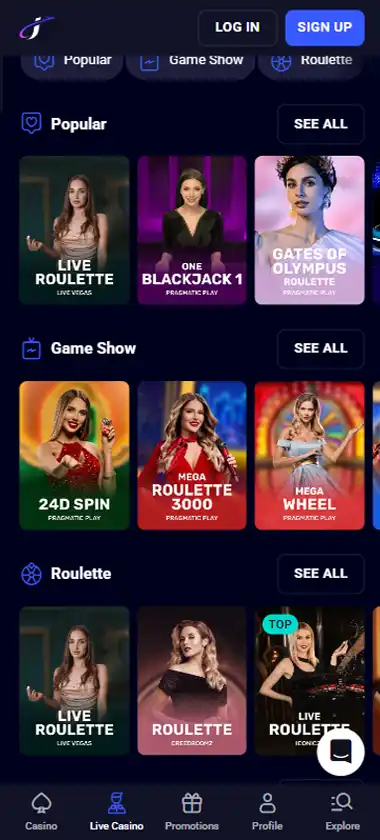 Jet4Bet Casino mobile live casino interface screenshot showing live dealer tables including blackjack and roulette - tested