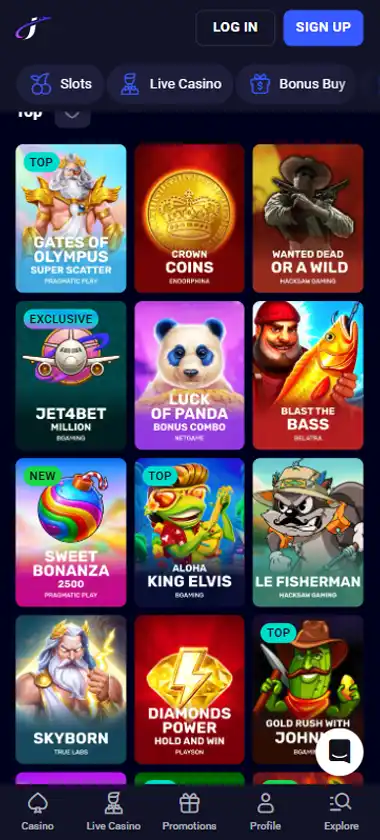 Jet4Bet Casino mobile slots interface screenshot showing slot game selection with popular titles and filtering options - captured during platform testing