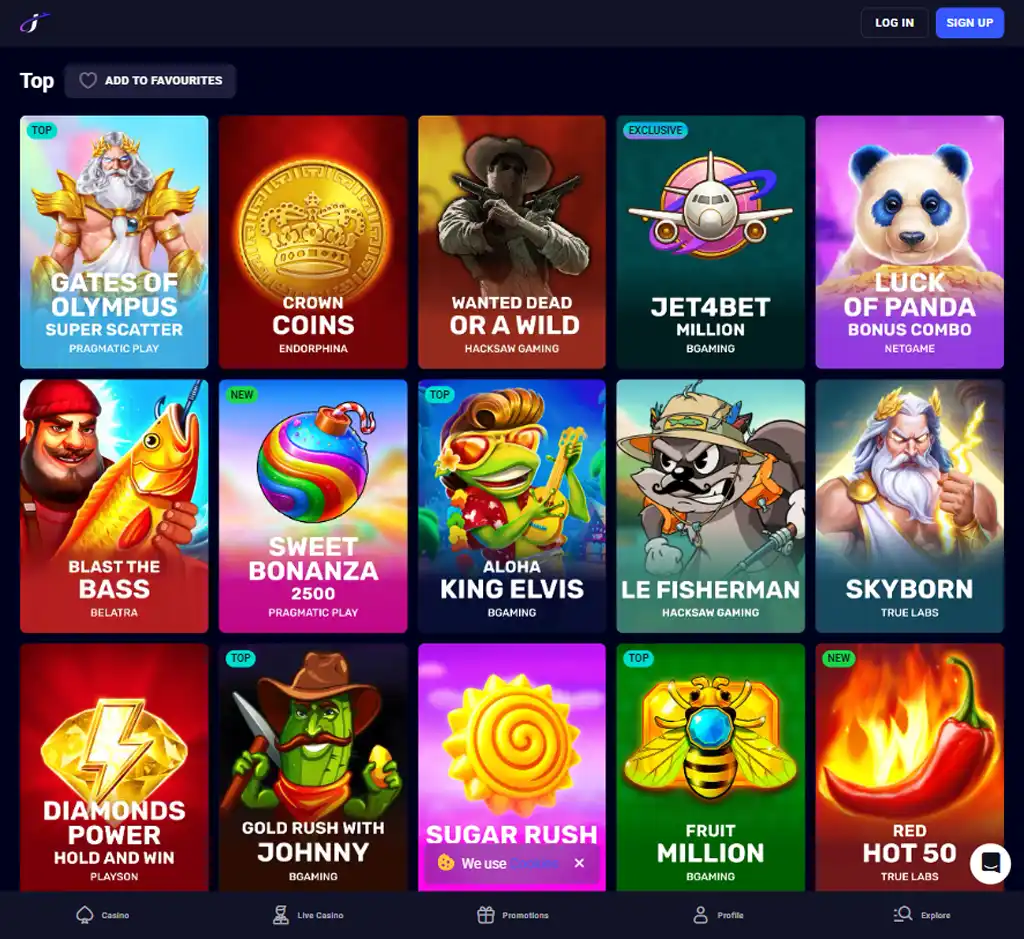 Jet4Bet Casino desktop slots lobby screenshot presenting variety of slot games with categories and providers - verified