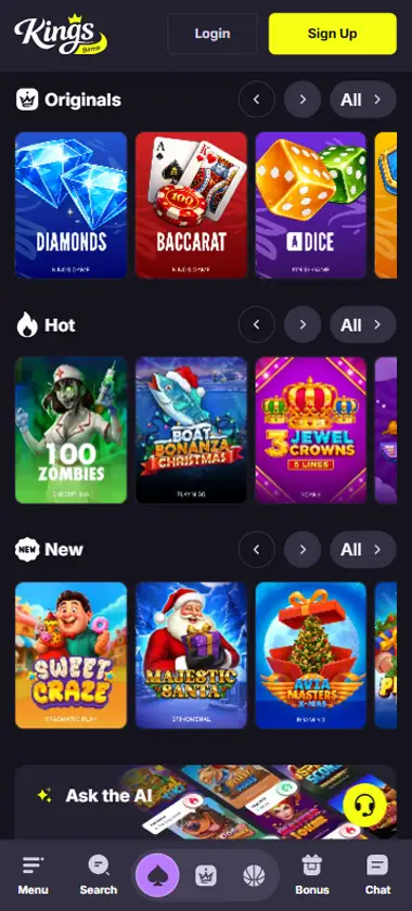 Kings Game Casino mobile homepage screenshot showing main casino lobby with featured games and promotions - captured during platform testing Kings Game Casino mobile homepage screenshot showing main casino lobby with featured games and promotions - captured during platform testing