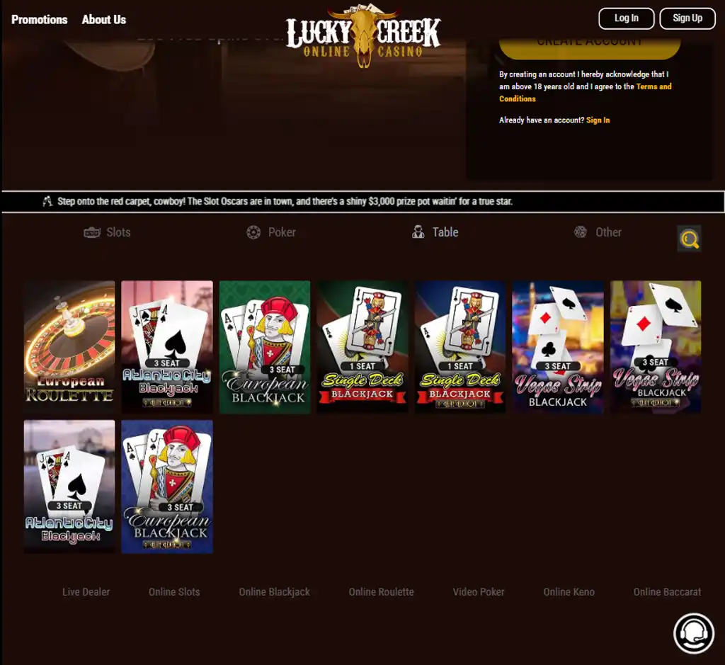 Lucky Creek Casino desktop table games lobby screenshot displaying classic casino games such as blackjack, roulette and baccarat - tested