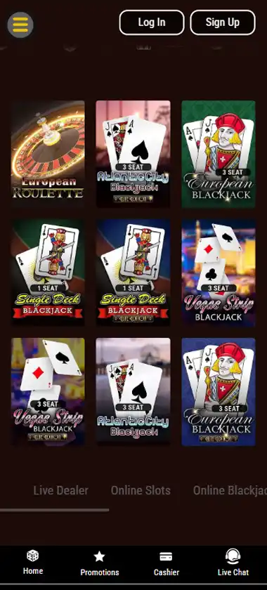 Lucky Creek Casino mobile table games interface screenshot showing selection of blackjack, roulette and baccarat games - captured during platform testing