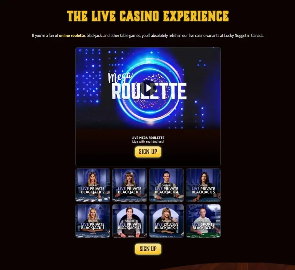 Lucky Nugget Casino mobile live casino interface screenshot showing live dealer tables including blackjack and roulette - tested