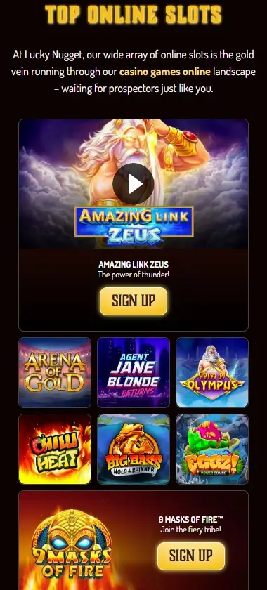Lucky Nugget Casino mobile slots interface screenshot showing slot game selection with popular titles and filtering options - tested
