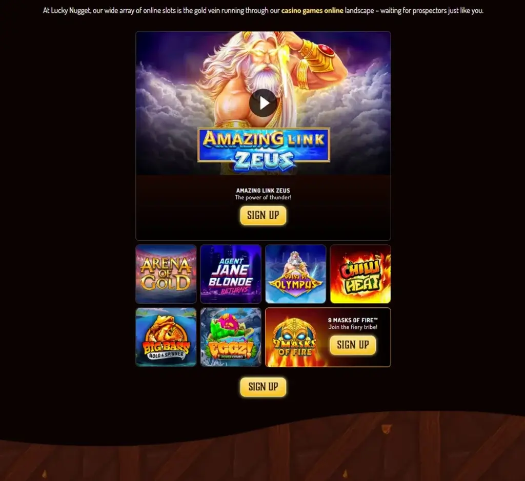Lucky Nugget Casino desktop slots lobby screenshot presenting variety of slot games with categories and providers - tested