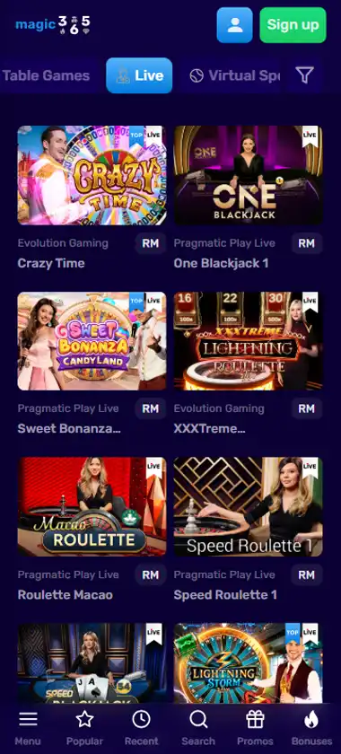 Magic 365 Casino mobile live casino interface showing live dealer tables including blackjack and roulette - captured during platform testing Magic 365 Casino mobile live casino interface showing live dealer tables including blackjack and roulette - captured during platform testing