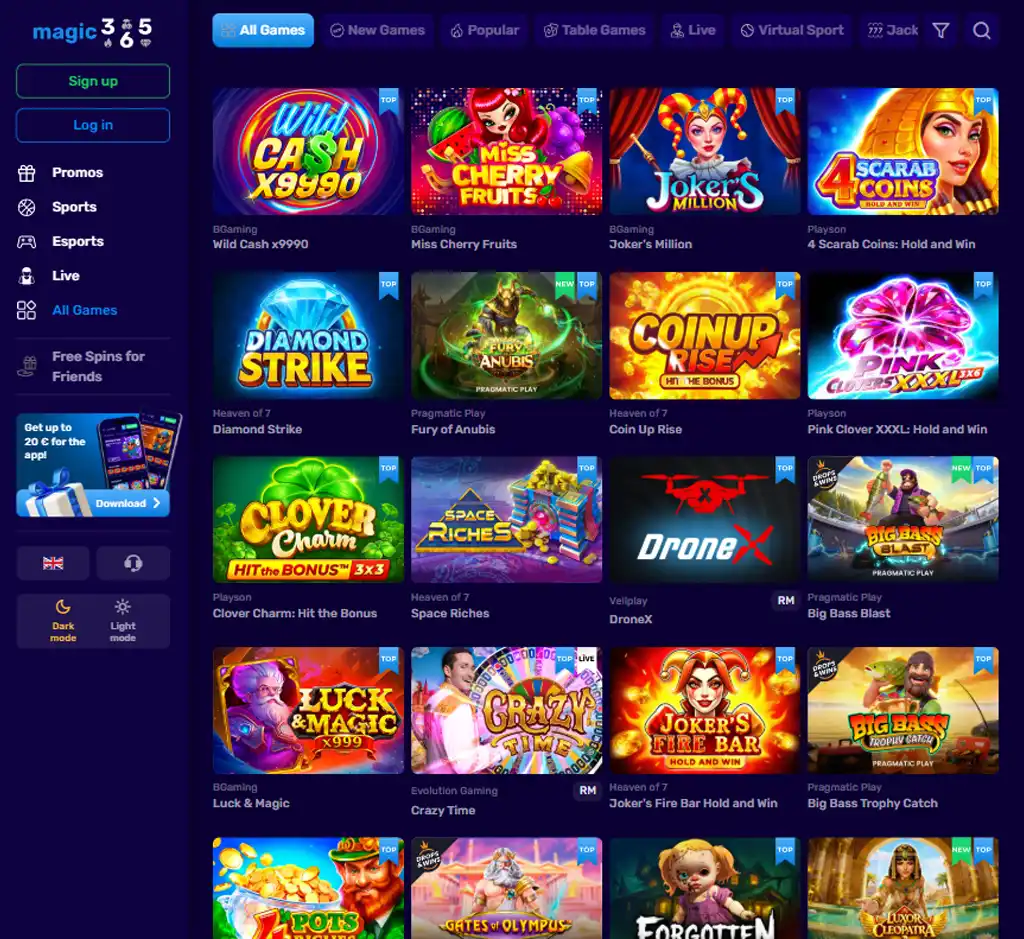 Magic 365 Casino desktop slots lobby presenting a variety of slot games with categories and providers - tested Magic 365 Casino desktop slots lobby presenting a variety of slot games with categories and providers - tested