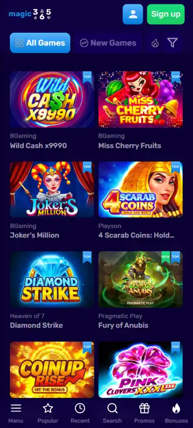 Magic 365 Casino mobile slots interface showing slot game selection with popular titles and filtering options - captured during platform testing Magic 365 Casino mobile slots interface showing slot game selection with popular titles and filtering options - captured during platform testing