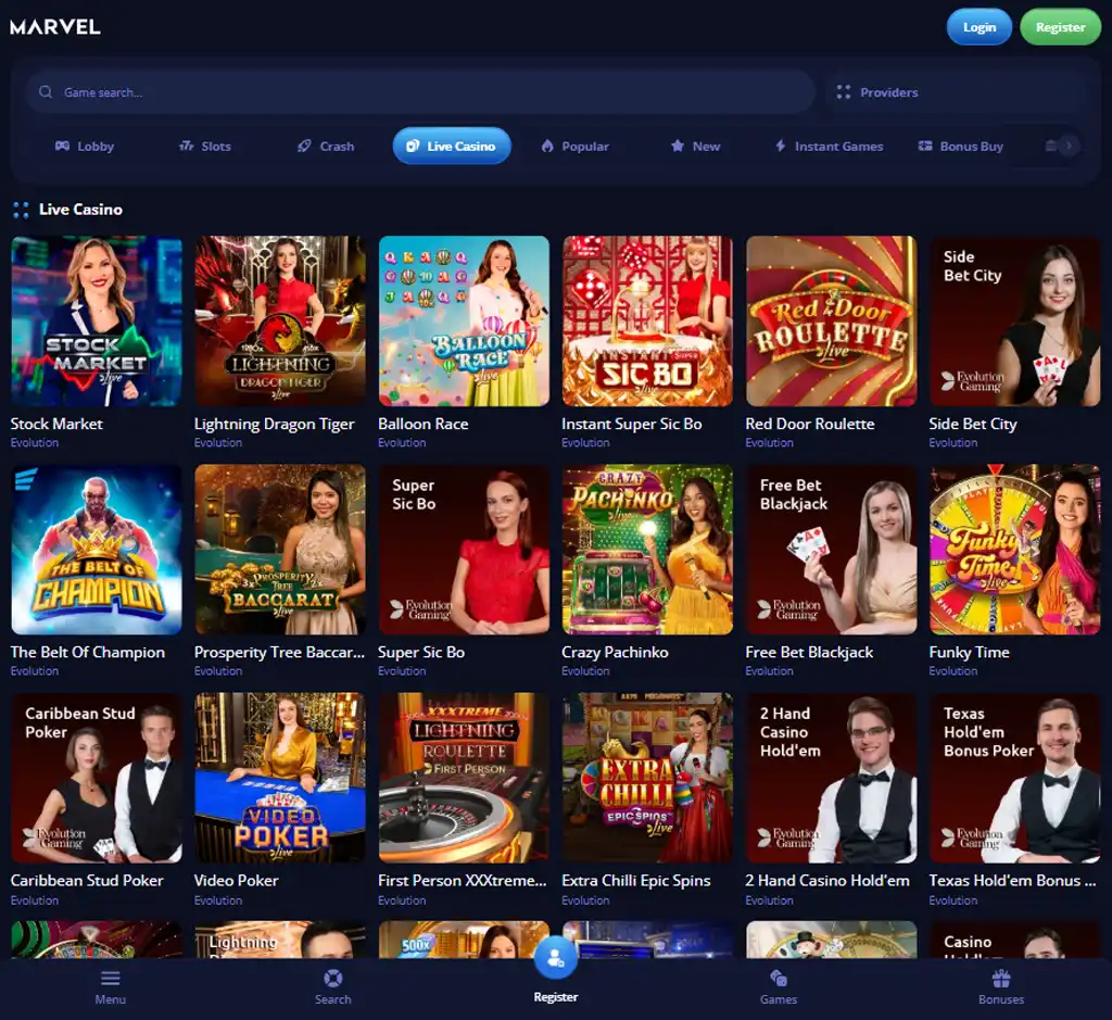 Marvel Casino desktop live casino lobby screenshot featuring live dealer games and real-time streaming interface - tested