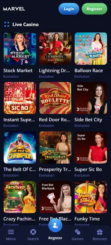 Marvel Casino mobile live casino interface screenshot showing live dealer tables including blackjack and roulette - tested