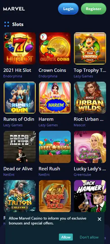Marvel Casino mobile slots interface screenshot showing slot game selection with popular titles and filtering options - tested