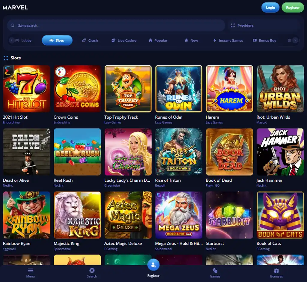 Marvel Casino desktop slots lobby screenshot presenting variety of slot games with categories and providers - tested